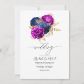 Elegante magenta, marine en gouden bloemenbruiloft kaart (Voorkant)