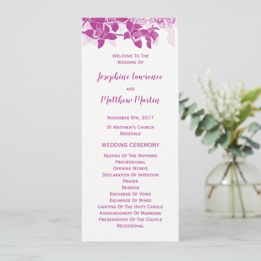 Elegante magenta orchidee Waterverf bruiloft progr Programmakaart (Staand voorkant)