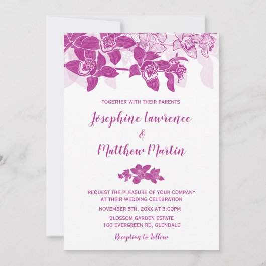 Elegante magenta orchideeën bruiloft uitnodiging (Voorkant)