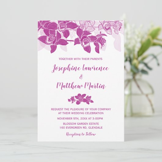 Elegante magenta orchideeën bruiloft uitnodiging (Staand voorkant)