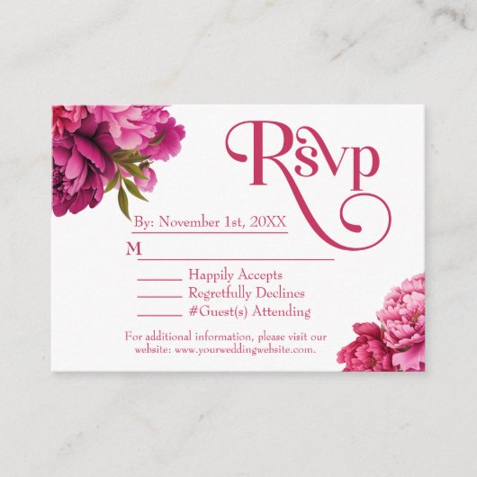 Elegante Magenta pioen bloemenbruiloft RSVP Informatiekaartje (Voorkant)