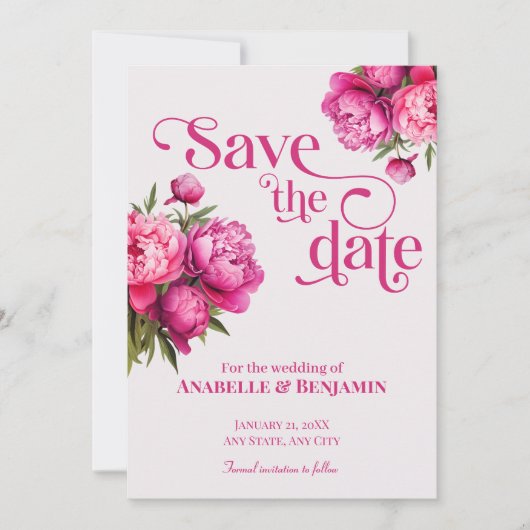 Elegante Magenta Pioenbloem Save the Date Kaart (Voorkant)