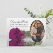 Elegante Magenta Plum Roos Ovaal Fotobruiloft Save The Date (Staand voorkant)