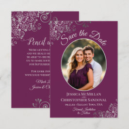 Elegante Magenta Pruim & Zilveren Ovale Foto Huwel Save The Date