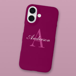 Elegante Magenta Rood, Roze & Wit Naam & Monogram iPhone 16 Hoesje