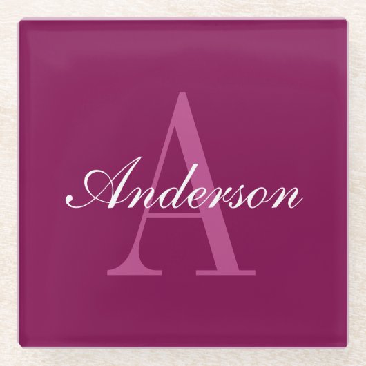 Elegante Magenta Rood, Roze & Wit Naam & Monogram Glazen Onderzetter (Voorkant)