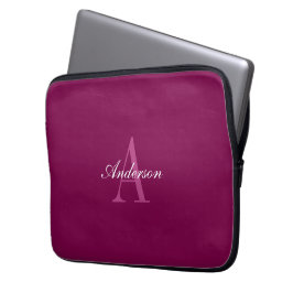 Elegante Magenta Rood, Roze & Wit Naam & Monogram Laptop Sleeve
