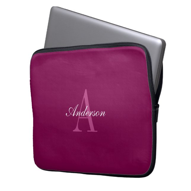 Elegante Magenta Rood, Roze & Wit Naam & Monogram Laptop Sleeve (Voorkant Links)