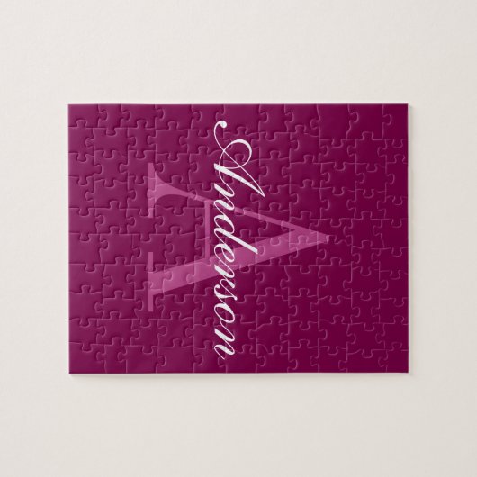 Elegante Magenta Rood, Roze & Wit Naam & Monogram Legpuzzel (Horizontaal)