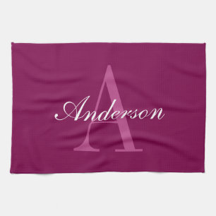 Elegante Magenta Rood, Roze & Wit Naam & Monogram Theedoek