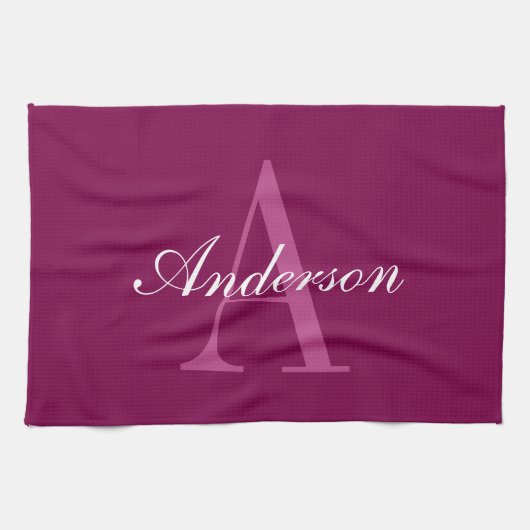Elegante Magenta Rood, Roze & Wit Naam & Monogram Theedoek (Horizontaal)