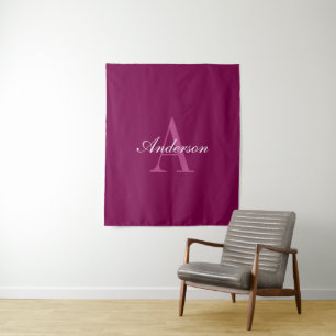 Elegante Magenta Rood, Roze & Wit Naam & Monogram Wandkleed