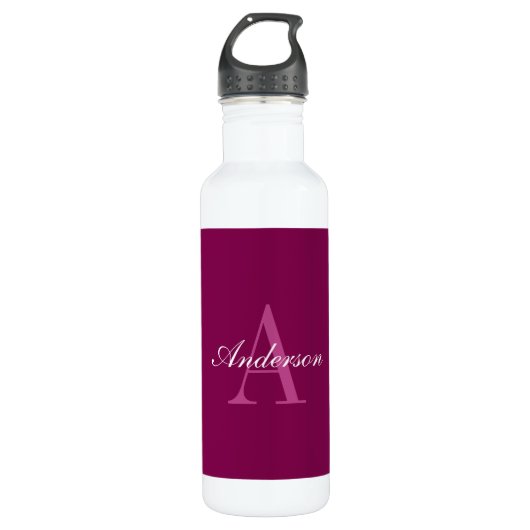 Elegante Magenta Rood, Roze & Wit Naam & Monogram Waterfles (Voorkant)