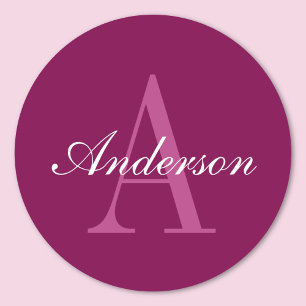 Elegante Magenta Rood, Roze & Witte Naam & Monogra Ronde Sticker