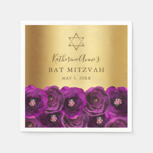 Elegante Magenta Roos Bloemig Goud Bat Mitzvah Servet