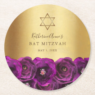 Elegante Magenta Roze Bloem Gouden Bat Mitzvah Ronde Kartonnen Onderzetter
