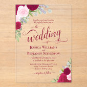 Elegante Magenta & Roze Boho Rozen Fancy bruiloft Acryl Uitnodigingen (Voorkant)