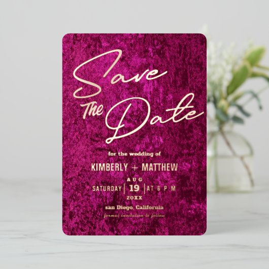 elegante magenta roze goud Save the date Huwelijk Folie Uitnodiging (Staand Voorkant)