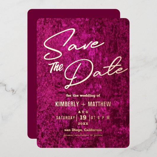 elegante magenta roze goud Save the date Huwelijk Folie Uitnodiging (Voorkant / Achterkant)