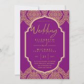 Elegante Magenta Roze Gouden Sierlijke Bruiloft Kaart (Voorkant)