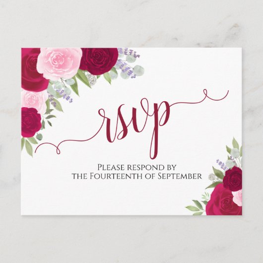Elegante Magenta Roze Waterverf Rozen bruiloft RSV Briefkaart (Voorkant)