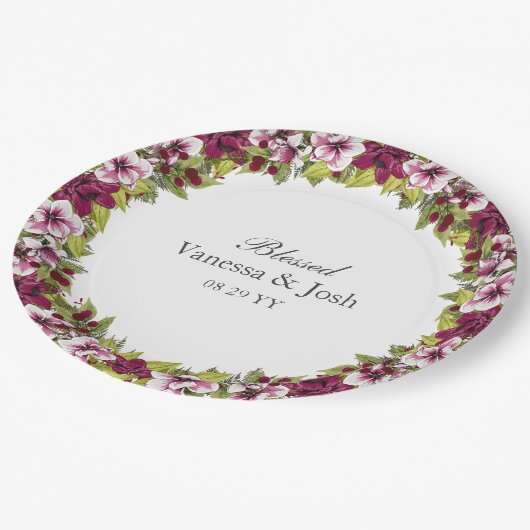 Elegante Magenta Witte Bloemen en Groene Botanical Papieren Bordje (Gekanteld)