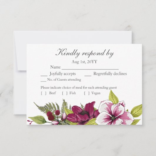 Elegante Magenta Witte Bloemen en Groene Botanical RSVP Kaartje (Voorkant)