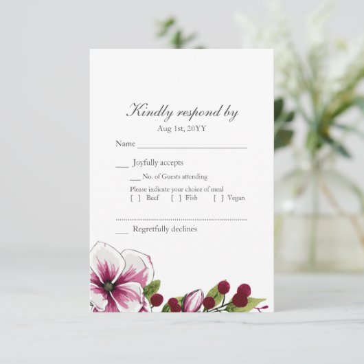 Elegante Magenta Witte Bloemen Groene Botanicals RSVP Kaartje (Staand voorkant)