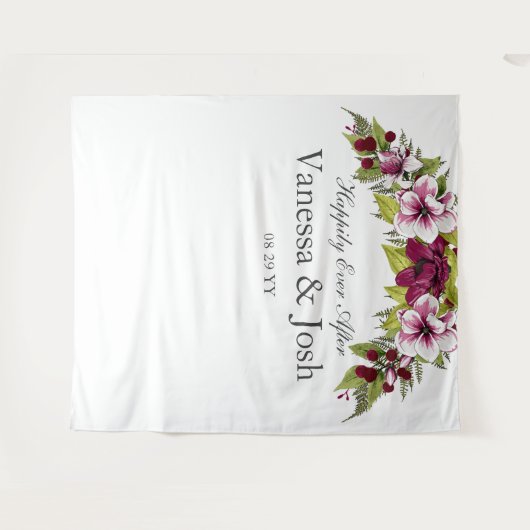 Elegante Magenta Witte Bloemen  Groene Botanicals Wandkleed (Voorkant (horizontaal))