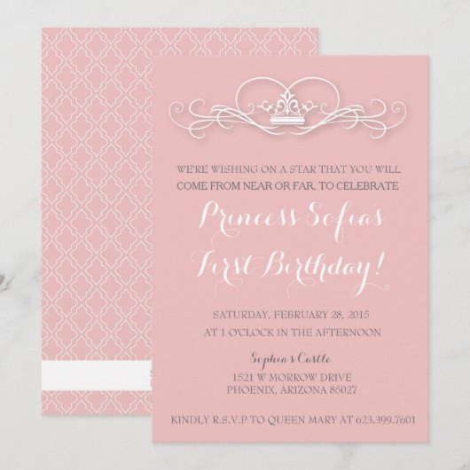 Elegante Magische Prinses Roze Tiara Uitnodigen Kaart (Voorkant / Achterkant)