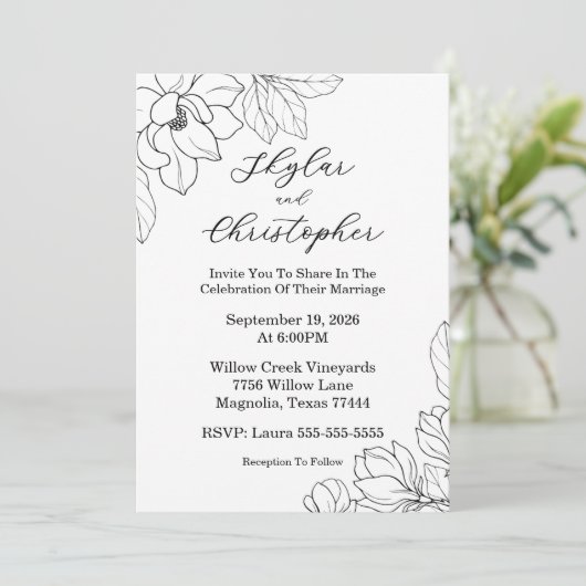 Elegante Magnolia Black bruiloft uitnodiging (Staand voorkant)