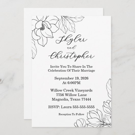 Elegante Magnolia Black bruiloft uitnodiging (Voorkant / Achterkant)