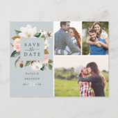 Elegante Magnolia | Blauw Grijs 3 Foto Save the Da Uitnodiging Briefkaart (Voorkant)