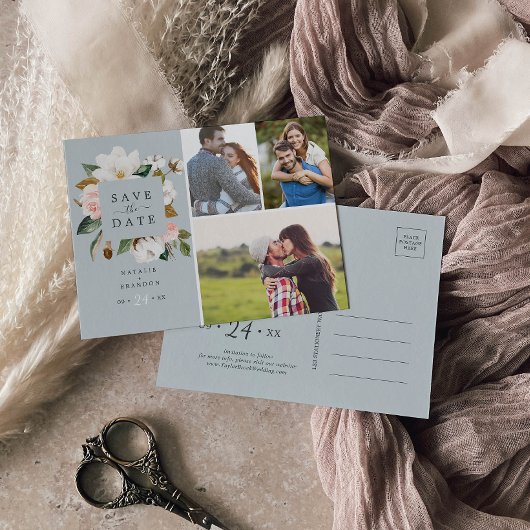 Elegante Magnolia | Blauw Grijs 3 Foto Save the Da Uitnodiging Briefkaart