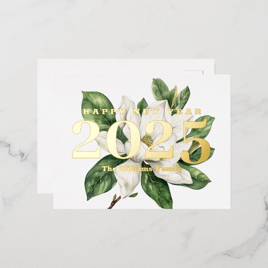 Elegante Magnolia Bloem Gelukkig Nieuwjaar 2025 Go Folie Feestdagen Briefkaart (Voorkant / Achterkant)