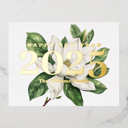 Elegante Magnolia Bloem Gelukkig Nieuwjaar 2025 Go Folie Feestdagen Briefkaart (Voorkant)