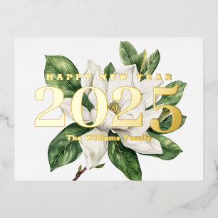 Elegante Magnolia Bloem Gelukkig Nieuwjaar 2027 Go Folie Feestdagen Briefkaart