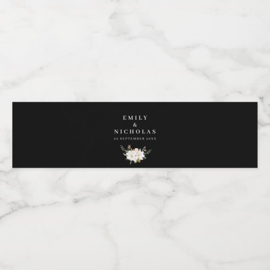 elegante magnolia bloem zwart bruiloft waterfles etiket (Enkel label)