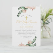 Elegante Magnolia Bloemen Blush Eerste Communie Kaart (Staand voorkant)