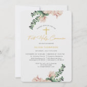 Elegante Magnolia Bloemen Blush Eerste Communie Kaart (Voorkant)