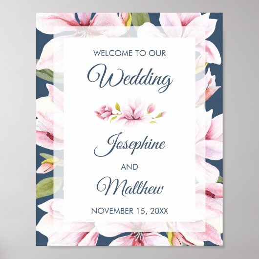 Elegante Magnolia Bloemen Bruiloft Welkomstbord Poster (Voorkant)