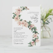 Elegante Magnolia Bloemen Eucalyptus Blush Wedding Kaart (Staand voorkant)