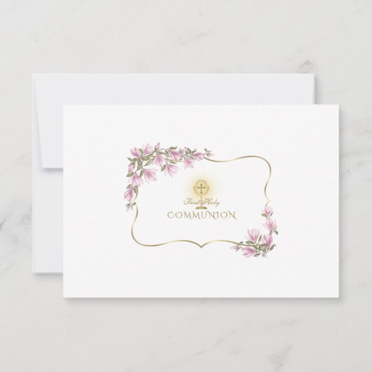 Elegante Magnolia Bloemen Goud Eerste Heilige Comm Bedankkaart (Achterkant)