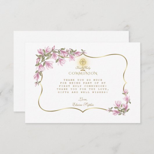 Elegante Magnolia Bloemen Goud Eerste Heilige Comm Bedankkaart (Voorkant / Achterkant)