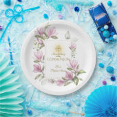 Elegante Magnolia Bloemen Goud Eerste Heilige Comm Papieren Bordje (Feest)