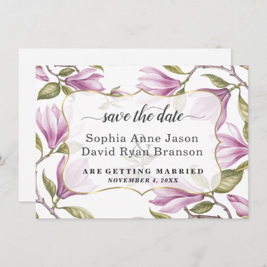 Elegante Magnolia Bloemen Gouden Huwelijkscalligra Save The Date (Voorkant / Achterkant)