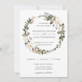 Elegante Magnolia Bloemen Groen Krans Bruiloft Kaart (Voorkant)