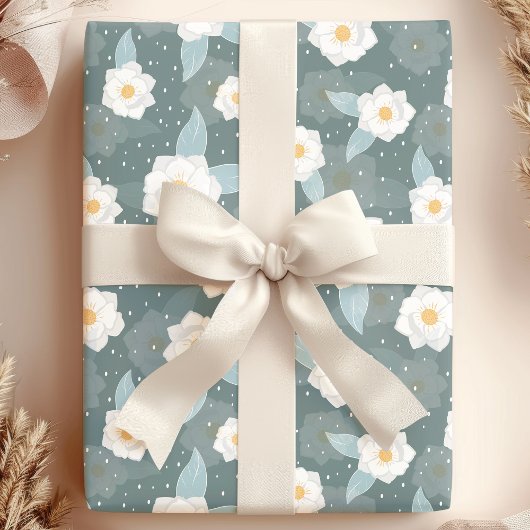 Elegante Magnolia Bloemen Witte Polka Dot Cadeaupapier
