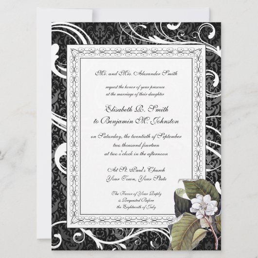 Elegante Magnolia Damask Southern Belle bruiloft Kaart (Achterkant)