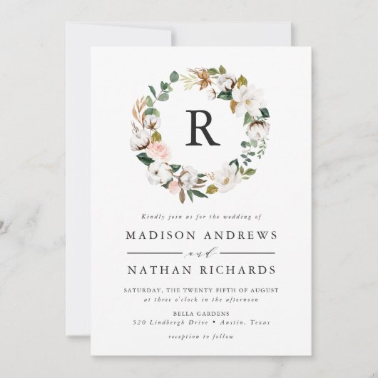 Elegante Magnolia en Blush Bloemen Monogram Bruilo Kaart (Voorkant)